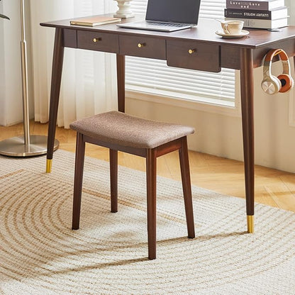 IBUYKE Saddle Cushion Vanity Stool Chair, Foot Rest Stool with Solid Wood Legs, Modern Vanity Bench Ottoman for Piano, Upholstered Seat for Bedroom, Entryway, Walnut Legs&Brown Linen WBD007HC