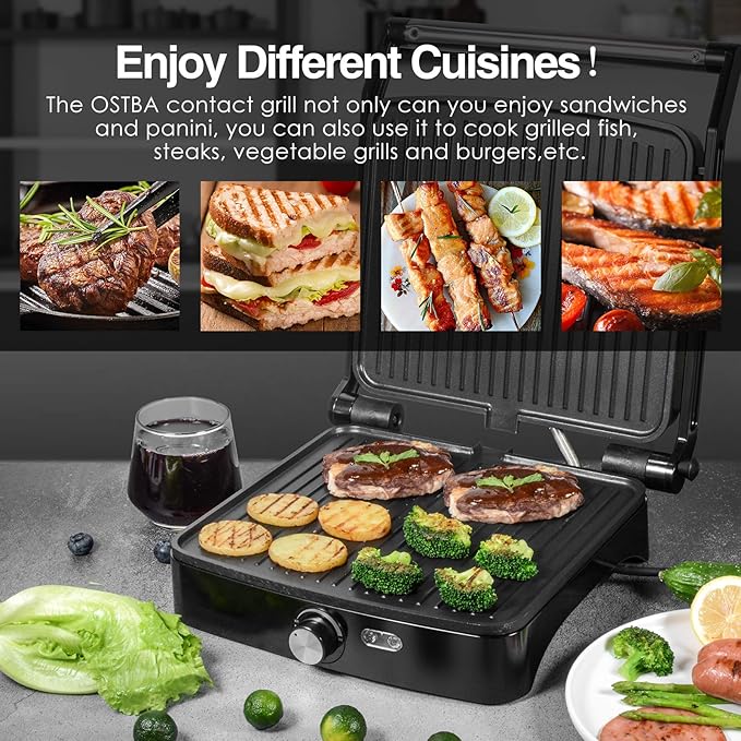 OSTBA Panini Press Grill with Adjustable Temperature, 4-Slice Indoor Grill