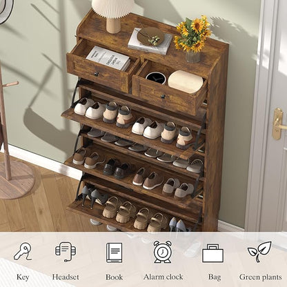 Shoe Cabinet with 3 Flip Drawers & 2 Storage Drawers, Rustic Farmhouse Narrow