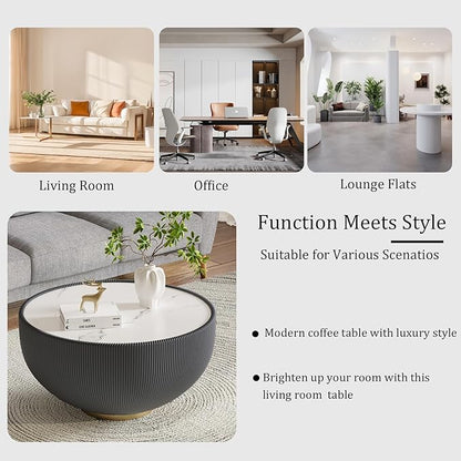 Grey Round Coffee Table with Sintered Stone Tabletop, 27.56" Drum Coffee Table with Fluted PU Leather Covered and Metal Base, Circle Cocktail Tea Table for Living Room