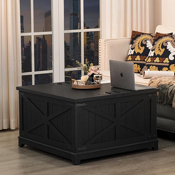 Farmhouse Coffee Table Sets 3 Pieces, Narrow Night Stand with Glass Barn Door Storage, Large Coffee Tables with Hidden Storage Organizer, Wood Furniture Sets for Living Room, Office, Black