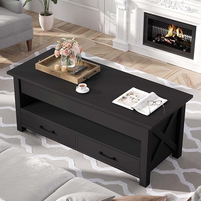 Seventable Coffee Table, 39.3" Lift Top Coffee Table with 2 Storage Drawers and Hidden Compartment, X Wood Farmhouse Support, Retro Center Table with Lift Tabletop for Living Room,Black
