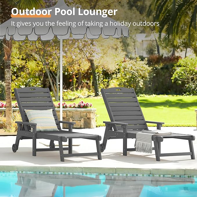 LUE BONA Outdoor Chaise Lounge Chairs Set of 4, HDPS Chaise Lounger, 5 Positions Adjustable Lounge Chairs, Pool Lounge Chair with Wheels for Poolside, Dark Gray