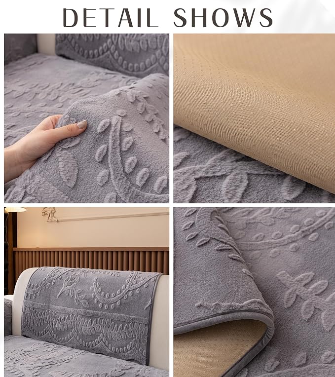 Grey Fuzzy Rabbit Plush Sofa Cover Cozy Warm Sofa Couch Covers with 3D Jacquard Leaf Pattern Non-Slip Easy-to-Install Shaggy Sofa Slipcover Prefect for Kids Dogs Cats Cats(Grey,36"x94")
