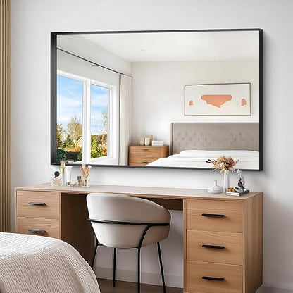 Black Bathroom Mirror, 42x42 Inch Rectangular Framed Mirror, Large Wall Mounted