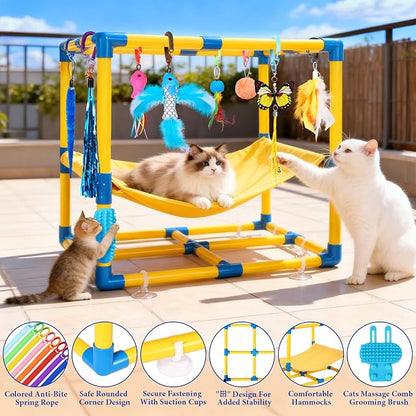 Cat Jungle Gym With Hanging Interactive Toys, Hammock Cat Activity Center | With Cat Self Groomer, Removable PVC Frame With Colored Spring Rope, Cat Enrichment Toys For Bored Indoor Adult Cats, Kittens
