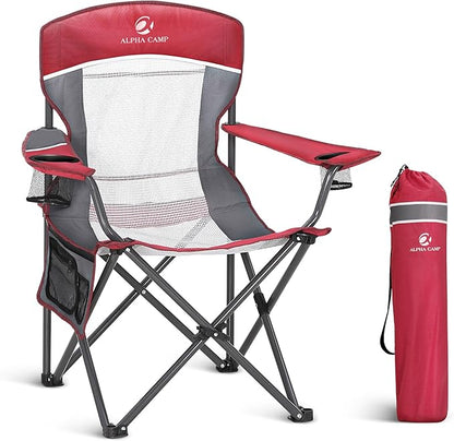LET'S CAMP Mesh Back Camping Chair Portable Folding Heavy Duty Outdoor Chair Support 330 LBS Durable Large Arm Chair with Cup Holder and Carry Bag for Camp, Fishing, Hiking, Red