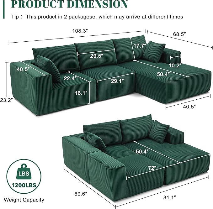 108” Modular Sectional Sofa, Cloud Sectional Couch with Deep Seat, Modern Modular L-Shape Sofa with Chaise,Upholstered Boneless Couches for Living Room Bedroom (Corduroy, Green)
