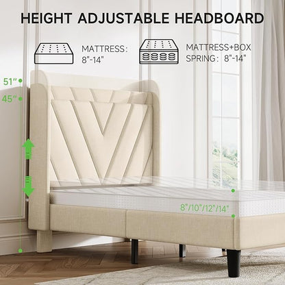 koorlian Twin Size Bed Frame with Headboard, Adjustable Upholstered Platform Bed Frame with Type-C&USB Ports for Kids, Wingback Storage Headboard, Solid Wood Slats Support, No Box Spring Needed, Beige
