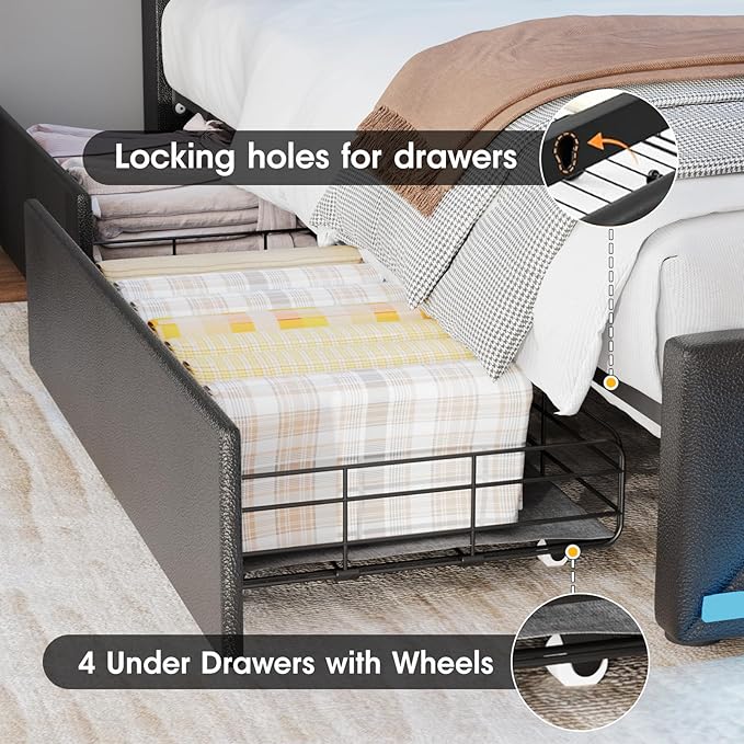 Vabches Queen Bed Frame with Storage Headboard and 4 Drawers,Upholstered Platform with Charging Station and Led Lights,Adjustable Headboard with Pu Leather,No Box Spring Needed,Black