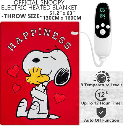 Peanuts Snoopy Heated Blanket Electric, Luxurious Fleece Throw, 9 Heat Settings
