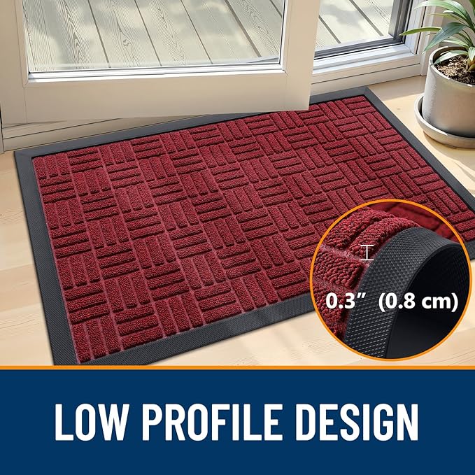 OLANLY Front Door Mat Outside Entrance 35x23, Absorbent, Heavy Duty Sturdy Natural Rubber Doormat Indoor Outdoor, Non-Slip, Stain and Fade Resistant, Low Profile Floor Mat for Entryway, Black Red
