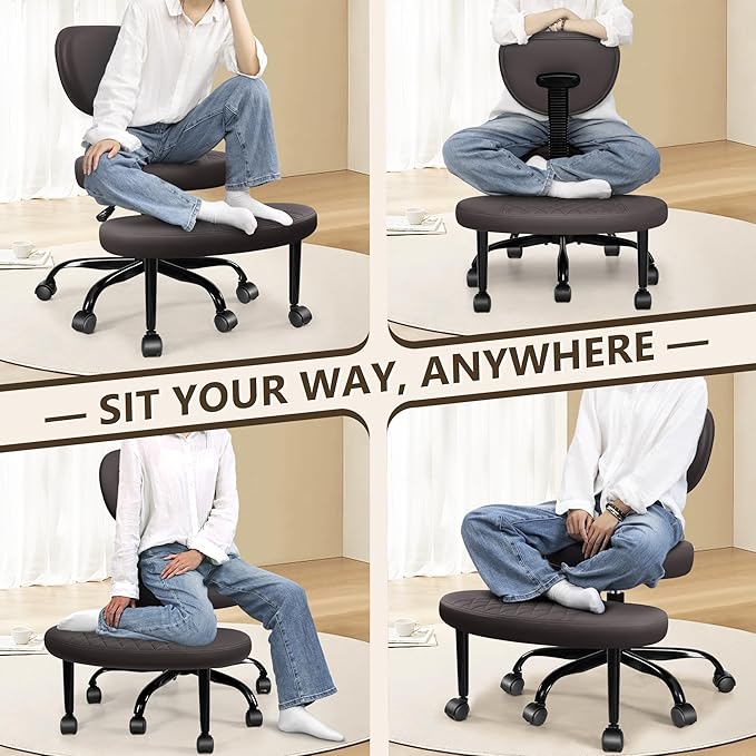Ergonomic Cross Legged Office Chair with Wheels - Adjustable Height for Meditation, ADHD Desk & Yoga - Wide Criss Cross Design with Lumbar Support, Kneeling Chair - Dark Brown