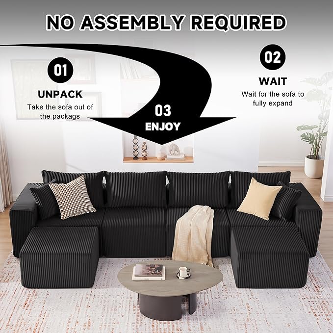 135.4" Cloud Couch Sectional, Modular Sectional Sofa with Deep Seat, Plush Corduroy U Shaped Boneless Couch, Convertible Sectional Couches for Living Room, 6Seat, Black