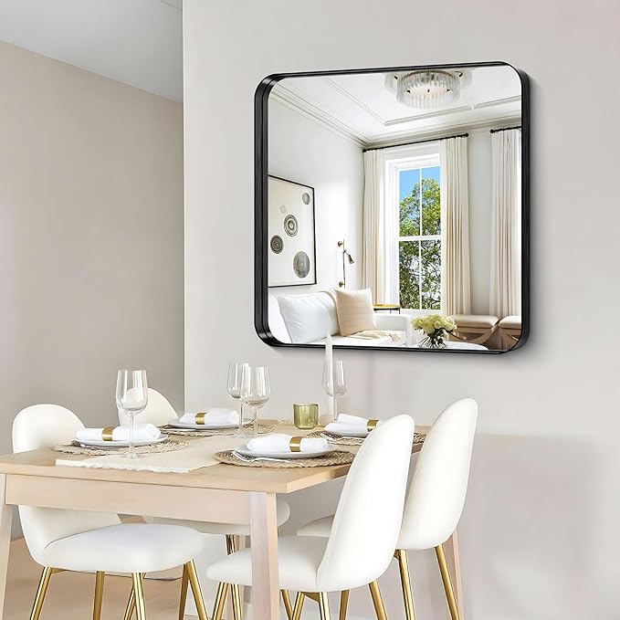 CIRCUMI Black Bathroom Mirror, Rounded Corner, Tempered Glass, Mirror