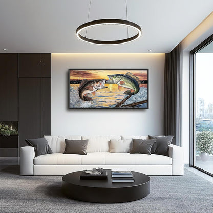 Large Fish Wall Art for Living Room, Framed Bass Fishing Wall Decor, Oversized Rustic Sunset Lake Canvas Painting Fish Pictures Modern Artwork Home Decoration for Living Room Bedroom Office 60"x30"
