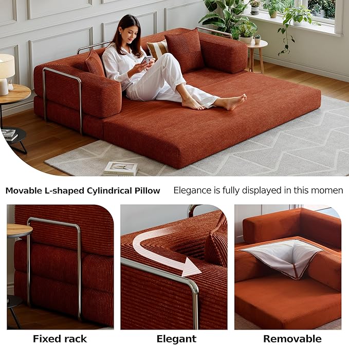 Compressed Sleeper Sofa Bed,Convertible Floor Boneless Couch-with Comfy Pillow,Modular Modern Corduroy Sofa for Living Room Bedroom Lounge Studio-with Fixed-Shape Frame and Support Armrest