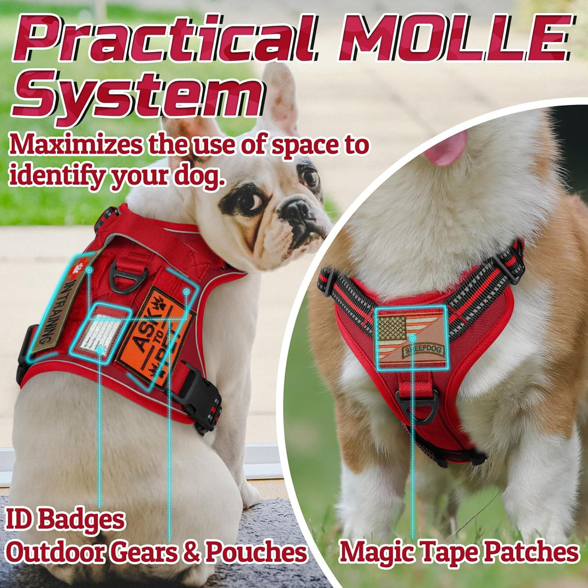 rabbitgoo Tactical Dog Harness for Large Dogs, No Pull Military Service Vest with Handle & Molle, Easy Control for Training Walking, Adjustable Reflective Straps, Red, XL
