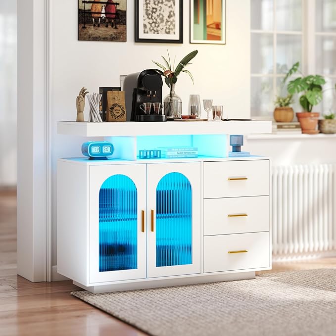 40" LED Buffet Cabinet with Charging Station, Auto Sensor Kitchen Storage