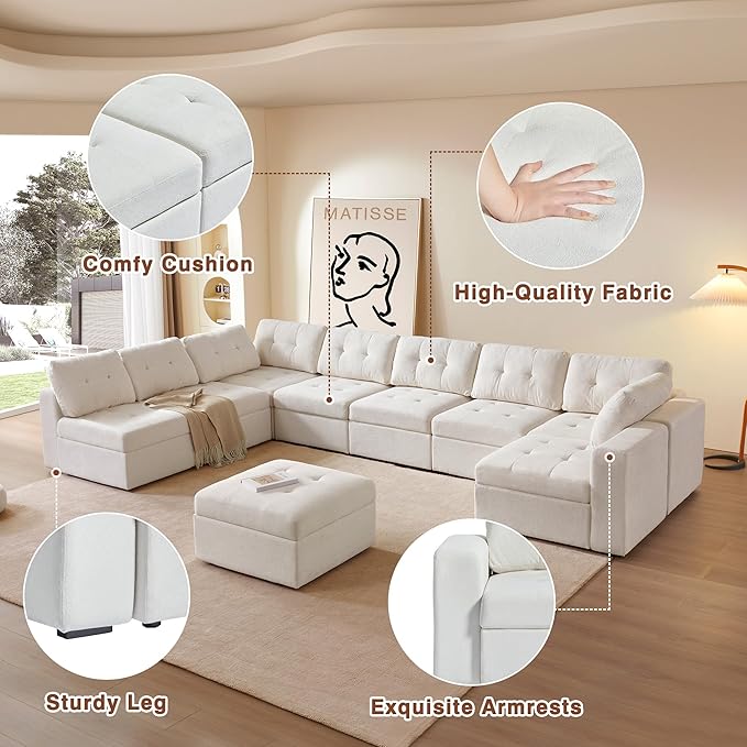 ORRD Modular Sectional Couch, Convertible Sofa with Storage, 3 Seater Sofa Modular with Reversible Chaise for Living Room, Office (Beige White)