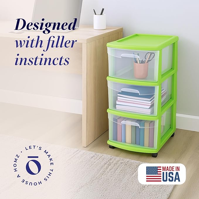 HOMZ Drawer Tower, 3-Tier Clear Plastic Storage Organizer Cart, Bold Lime Frame