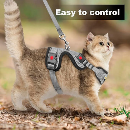 Cat Harness and Leash for Walking, Retractable Cat Harnesses and Leash Set Escape Proof, Breathable Soft Kitten Small Large Harness for Travel Training and Walking, Grey, XS