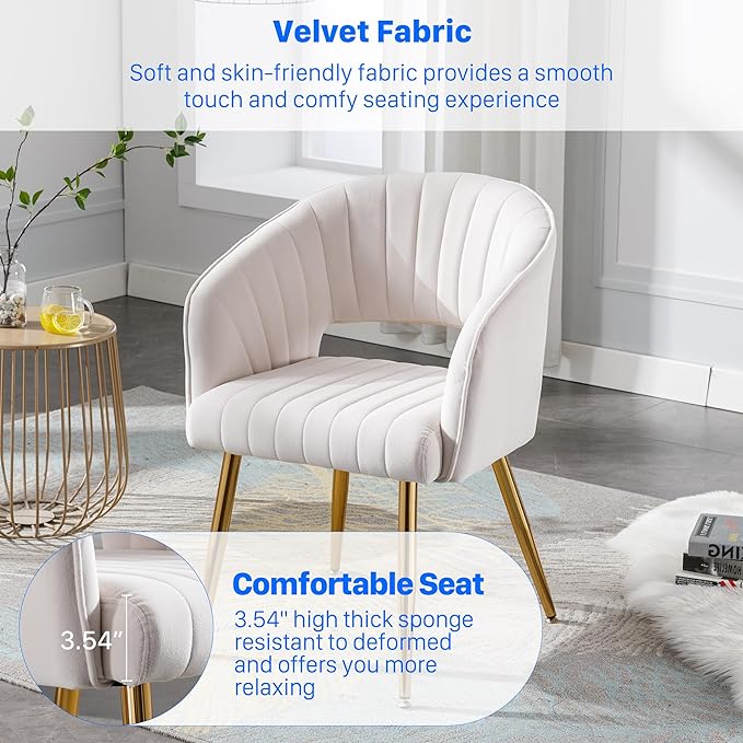 KCC Modern Velvet Dining Chairs Set of 4, Cream, Hollow Back, Tufted Kitchen Chairs Side Chairs with Gold Metal Legs for Living Room