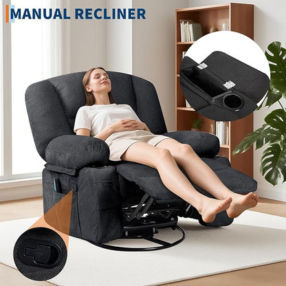 Rocker Recliner Chairs for Adults w/Vibration Massage and Heating,360° Swivel Rocker Glider Recliner,Extra Wide Manual Lazy Chair,Chenille Fabric Sofa Chair for Living Room,Bedroom,Black