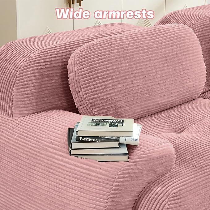 152" Modern Compressed Boneless Couch with Ottoman, 4 Seater Large L Shaped Sectional Couches for Living Room, Pink Corduroy Cloud Modular Sectional Sofa, Memory Foam, Extra Deep, No Assembly