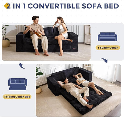 MAXYOYO Convertible Sofa Bed, Pull Out 3 Seater Sleeper Sofa, 2 in 1 Folding Couch Bed, Fold Out Floor Couch with Pillows for Living Room Bedroom Lounge, Black