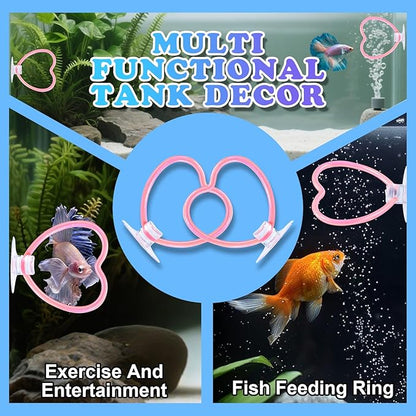 Betta Fish Toys, 2 PCS Heart Fish Exercise Ring and Nitrifying Balls Set, Heart Betta Mirror Toy Set, Feeding Ring with Suction Cup, Fishing Tank Accessories for Gifts (Pink)