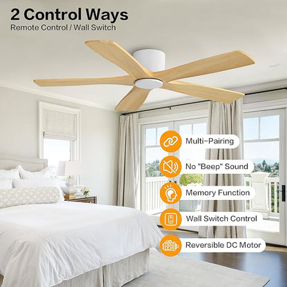WINGBO 48" Flush Mount DC Ceiling Fans Without Lights, 5 Carved Solid Wood