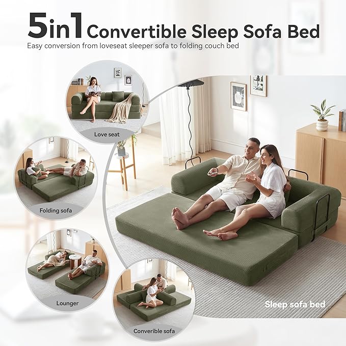 Sleeper Sofa, Comfy Convertible Folding Couch-Futon-Corduroy Fabric Sleeper Sofa Bed with 2 Pillow, Removable Soft Cushion for Small Living Room Dorm/Bedroom/College/Office (Light Green)