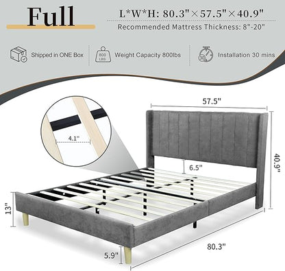 Full Size Upholstered Platform Bed Frame with Modern Wingback & Vertical Panel Headboard, Velvet Fabric, Wooden Legs & Slats Support, No Box Spring Needed, Noise-Free & Easy Assembly, Grey