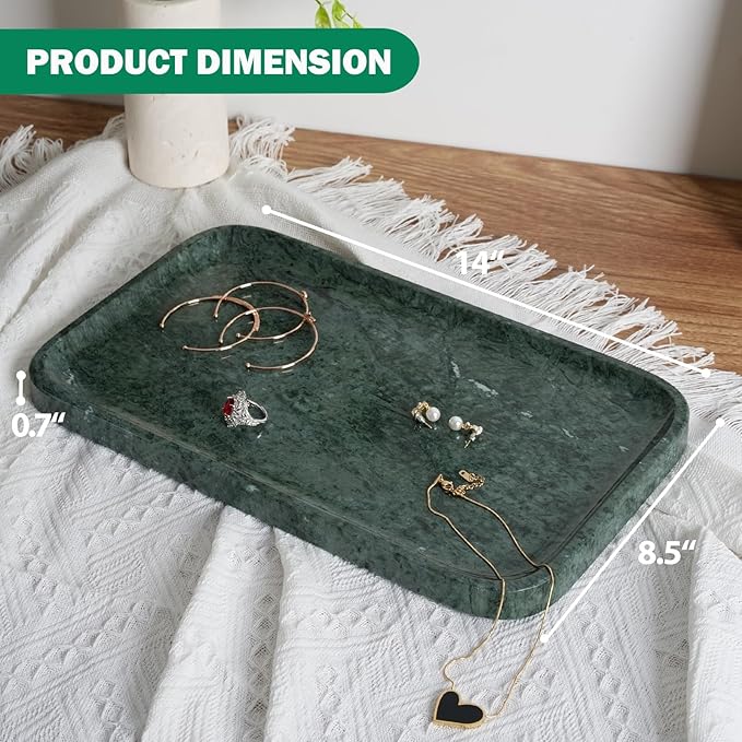 Marble Vanity Tray, Bathroom Tray for Countertop, 14'' Green Decoration for Dresser Organizer, Large Serving for Kitchen, Marble Storage for Coffee Table, Perfume, Jewelry Holder
