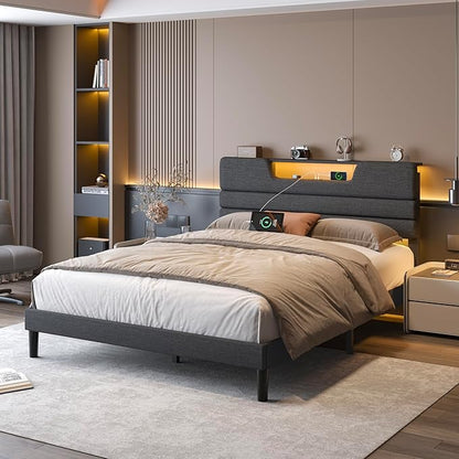 Queen Size Bed Frames with Upholstered Headboard, Modern Platform Bed with Charging Station and Led Lights, Bed Frame with Sturdy Wooden Slats/No Box Spring Needed/2-Tier Storage, Grey