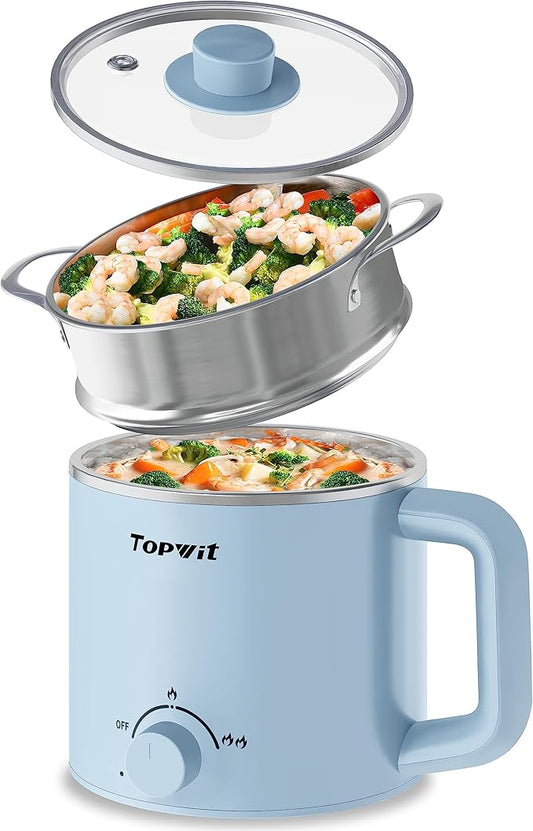 Topwit Hot Pot Electric with Steamer, 1.6L Ramen Cooker, Electric Pot