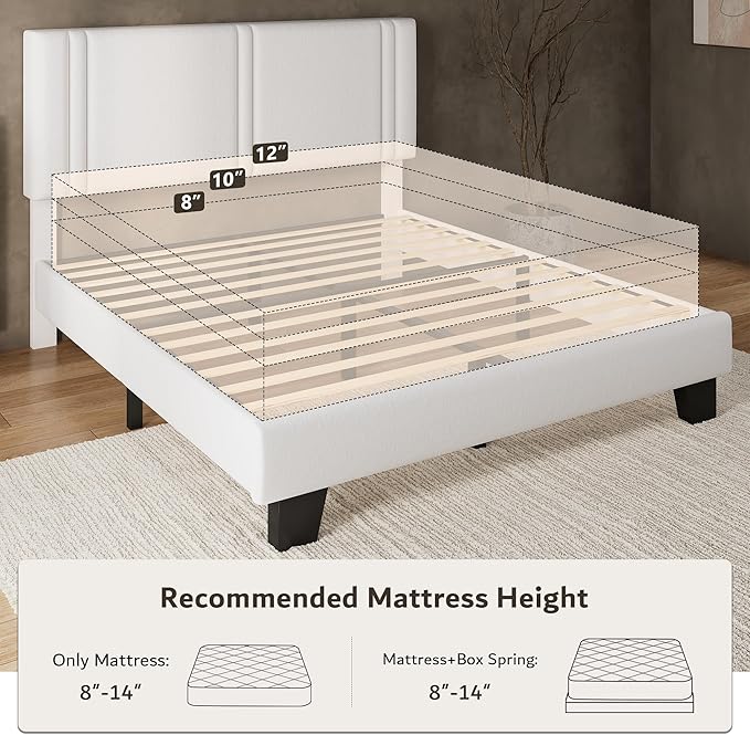 iPormis Queen Platform Bed Frame with Velvet Upholstered Headboard & Thickened Legs, Mattress Foundation with Solid Wooden Slats Support, No Box Spring Needed, Noise Free, White