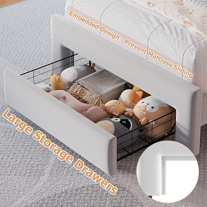 Twin Upholstered LED Bed Frame with Storage Drawer and Adjustable Chic Double Wavy Headboard, Velvet Princess Platform Bed for Girls/Kids, Solid Wood Slats Support, No Box Spring Needed, Grey