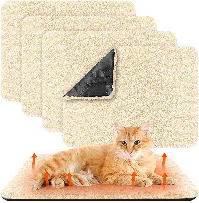 4 Pack Self Warming Cat Pads Self Heating Cat Mat Washable Homeless Dogs Thermal Pads Kennel Pad Reflects Body Heat Warm Crate Bed Mat for Indoor Outdoor Pet(Camel,16 x 20 Inch)