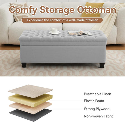 51" Fabric Storage Ottoman Bench, Upholstered Rectangle End of Bed Storage Ottoman Tufted Living Room Bedroom Bench with Safety Hinge, Solid Wood Legs, Loads 500 lb(Light Grey)