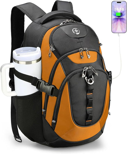 Swissdigital Design Laptop Backpack with USB Charging Port, Travel Backpack Fits 15.6 inches Computer, 31L College School Backpack for Men, Orange/Black | SD803-66