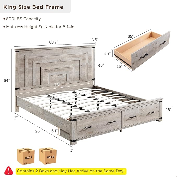 T4TREAM Farmhouse King Size Bed Frame with 54" Tall Geometric Headboard & 2 Large Storage Drawers, Rustic Wood Platform Bed with Wood Slats Support, No Box Spring Needed, Light Rustic Oak