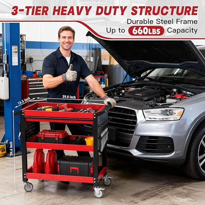 XCX 3 Tier Tool Cart on Wheels, Heavy Duty Metal Rolling with Drawers and Pegboards, 660 LBS Load Capacity Tool Storage Cart, Industrial Utility for Garage, Warehouse, Workshop