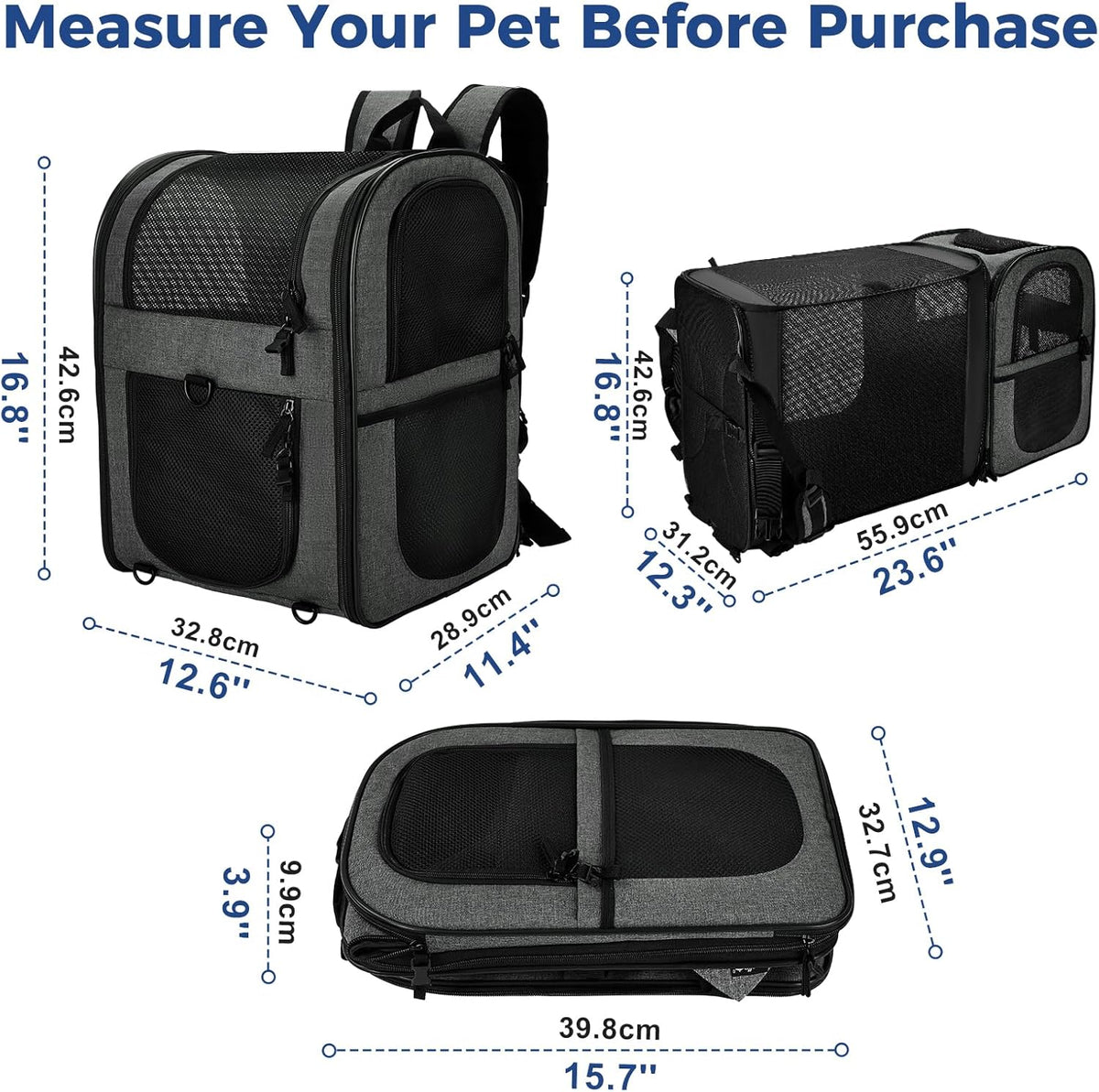 Apollo Walker Pet Carrier Backpack for Large/Small Cats and Dogs, Puppies, Safety Features and Cushion Back Support for Travel, Hiking, Outdoor Use (Gray-Expandable)