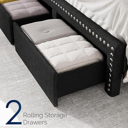 Queen Size Bed Frame with Storage Headboard and Drawers Modern Rivets Upholstered Bed Frame with LED Charging Station Queen Bedframe No Box Spring Needed
