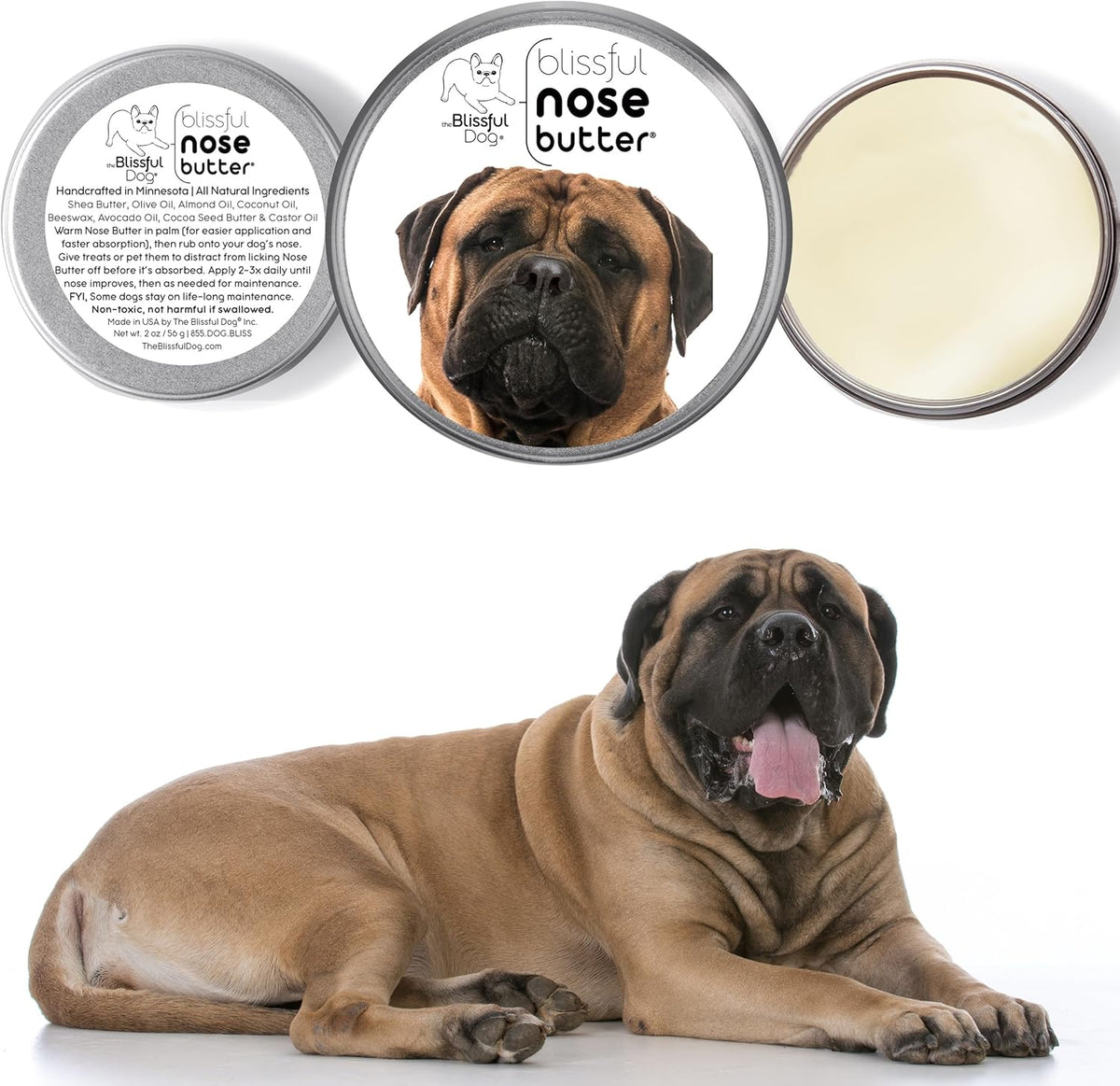 The Blissful Dog Bullmastiff Nose Butter for Dry, Cracked Skin, Lick-Safe Dog Nose Balm with Moisturizing Shea Butter, Almond, Olive, and Essential Oils, Pet Supplies, Uncented, 2 oz.