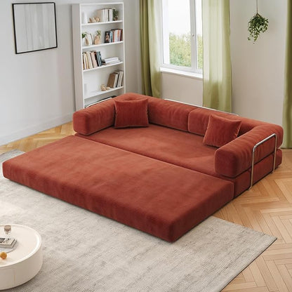 Antetek Convertible Futon Sofa Bed, 3-Seater Modern Corduroy Foam Floor King Size Bed Fold Out Sleeper Lounge Loveseat Sofa Couch with 2 Throw Pillows for Living Room Bedroom Guest Room, Tangerine