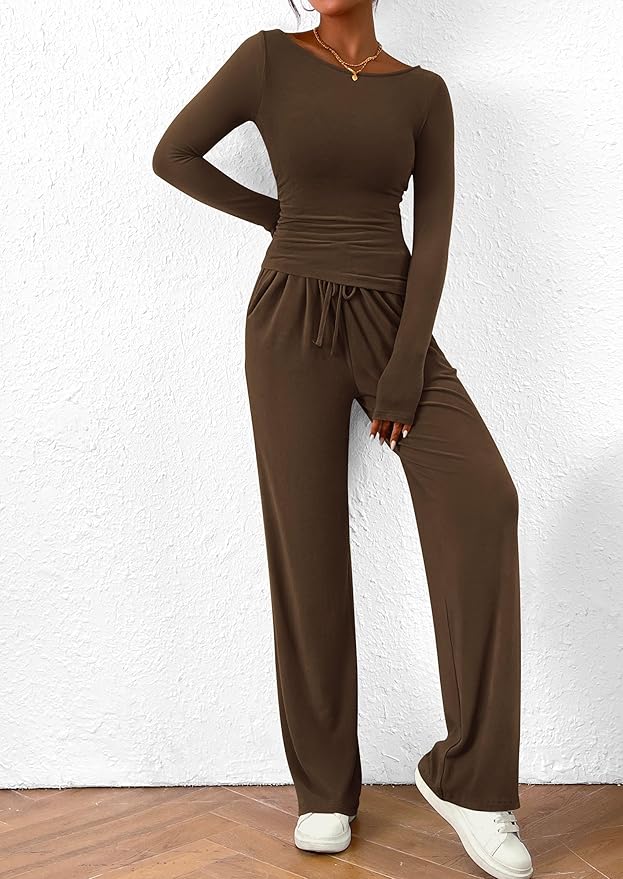 PRETTYGARDEN Women's 2 Piece Lounge Sets Asymmetrical Long Sleeve T Shirt Wide Leg Pants Casual Outfits Tracksuit