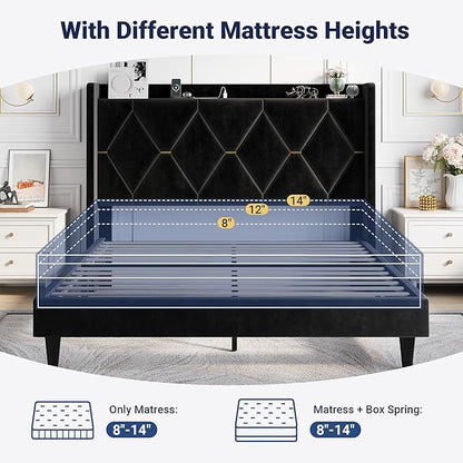Allewie Velvet Queen Upholstered Bed Frame with Wingback Storage Headboard & Charging Station, Platform Bed with Diamond Tufted Design & Gold Trim, No Box Spring Needed, Easy Assembly, Black